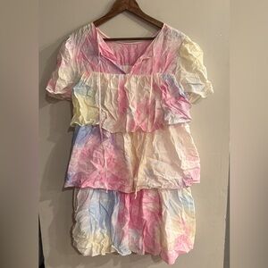 ENGLISH FACTORY Women’s Tie Dye Split Neck Short Sleeve Tiered Dress Size L